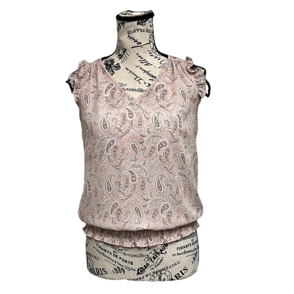 Ann Taylor LOFT Paisley Blouse Crop Top Ruffle Hem Cinched Preppy Coastal 70 XSP - Picture 1 of 9